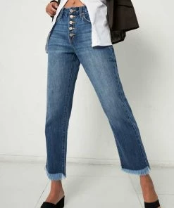 Kancan Cameron Frayed High Rise Straight Jeans Bottoms